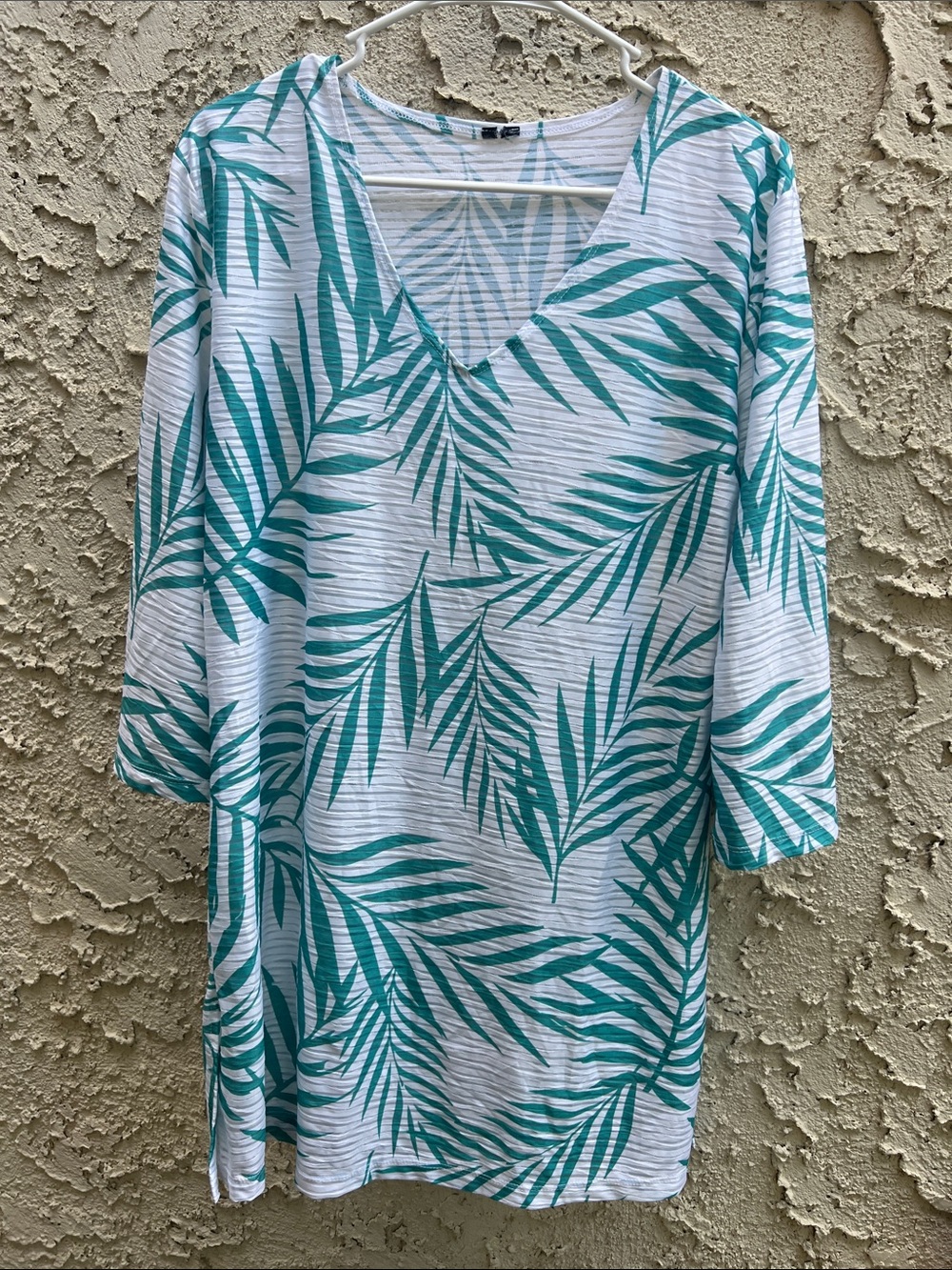 Women’s Palm-Print V-Neck Swim Cover-Up Tunic - Teal/White